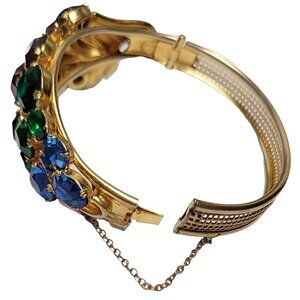 Gold Tone Hinged Purple Green Rhinestone Open Back Grapevine Bracelet